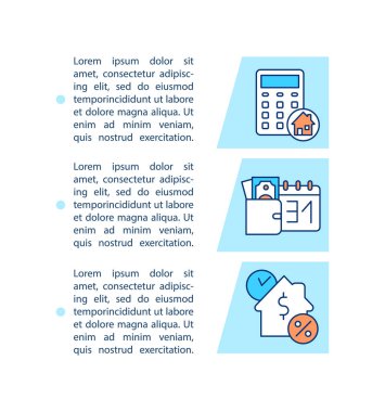 İpotek ödeme seçenekleri konsept simgesi ile metin. Toplam aylık ödemeyi hesapla. PPT sayfa vektör şablonu. Broşür, dergi, kitapçık tasarım ögesi doğrusal illüstrasyonlu