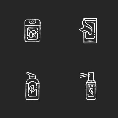Antibakteriyel el dezenfektanlar siyah zemin üzerine beyaz tebeşirler. El yıkama için cep dezenfektanı jeli. Kişisel hijyen ürünleri. İzole edilmiş vektör karatahta çizimleri