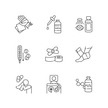 İlk yardım simgeleri ayarlandı. Yara tedavisi. Hastalık çaresi. Yaralı hasta için tıbbi ekipman. Özelleştirilebilir ince çizgi şekilleri. İzole vektör çizimi çizimleri. Düzenlenebilir vuruş