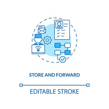 Depolama ve ileri konsept simgesi. Teletıp uzmanları. Hasta verilerini doğru hastaneye gönderiyorum. Uzaktan klinik fikri ince çizgi çizimi. Vektör izole edilmiş RGB renk çizimi. Düzenlenebilir vuruş