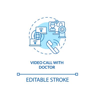 Doktor konsept ikonu ile video görüşmesi. Telemedikal danışmanlık eğitimi. İnovasyon tıbbi servisi. Uzak çalışma fikri ince çizgi çizimi. Vektör izole edilmiş RGB renk çizimi. Düzenlenebilir vuruş