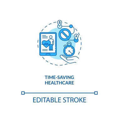 Zaman tasarrufu konsepti ikonu. Telemedikal konsültasyon. Acil hastane girişi. Fütürist tıp fikri ince çizgi çizimi. Vektör izole edilmiş RGB renk çizimi. Düzenlenebilir vuruş