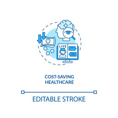 Sağlık hizmetleri konsepti ikonu tasarruf maliyeti. Teletıp avantajları. Para tasarruf teknolojisi. Geleceğin hastane fikri ince çizgi çizimi. Vektör izole edilmiş RGB renk çizimi. Düzenlenebilir vuruş