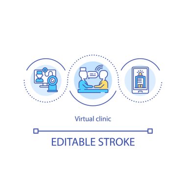Sanal klinik konsept ikonu. Çevrimiçi randevu fikri ince çizgi çizimi. Talep üzerine video ziyareti. - Yüz yüze bakım. Sanal sohbet. Vektör izole edilmiş RGB renk çizimi. Düzenlenebilir vuruş