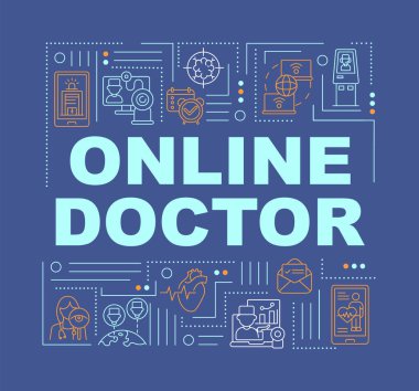 Çevrimiçi doktor kelimeleri afiş kavramları. Sanal danışma. Çevrimiçi antibiyotik reçetesi. Mavi arkaplanda doğrusal simgeleri olan bilgi grafikleri. İzole tipografi. Vektör çizgisi RGB renk çizimi