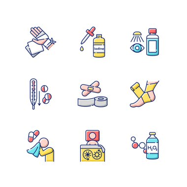 İlk yardım RGB renk simgeleri ayarlandı. Yara tedavisi. Hastalık çaresi. Yaralı hasta için tıbbi ekipman. Yaralanma ve travma için hastane yardımı. İlaçlar ve ilaçlar. İzole vektör çizimleri