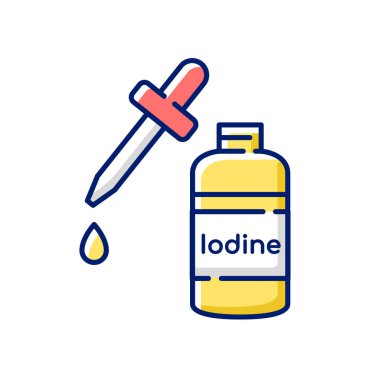 İyot RGB renk simgesi. Şişede sıvı temizleyici. Yara için tedavi. İlk yardım malzemesi. Hijyen önlemi. Acil yardım. Sağlık hizmetleri yaralanma tedavisinde kullanılır. İzole vektör illüstrasyonu
