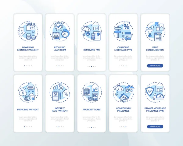 Pinjaman Manfaat Refinancing Onboarding Layar Halaman Aplikasi Mobile Dengan Konsep - Stok Vektor