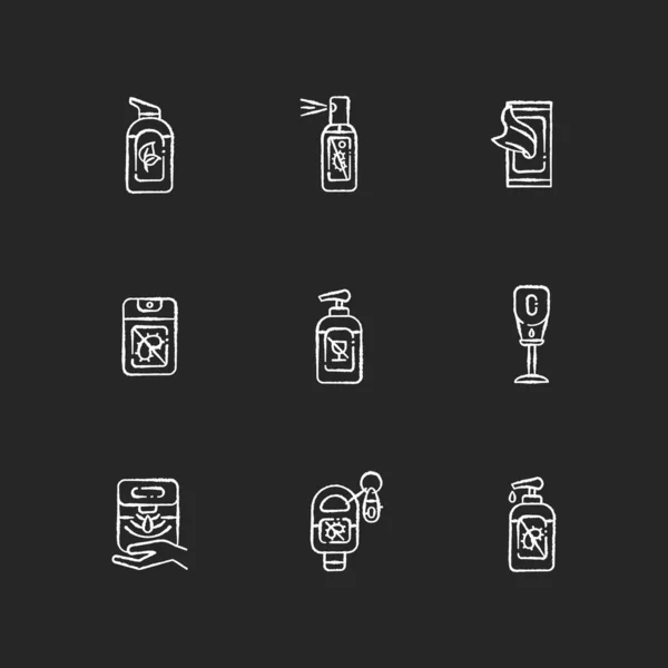 Los Desinfectantes Manos Tiza Iconos Blancos Sobre Fondo Negro Gel — Archivo Imágenes Vectoriales