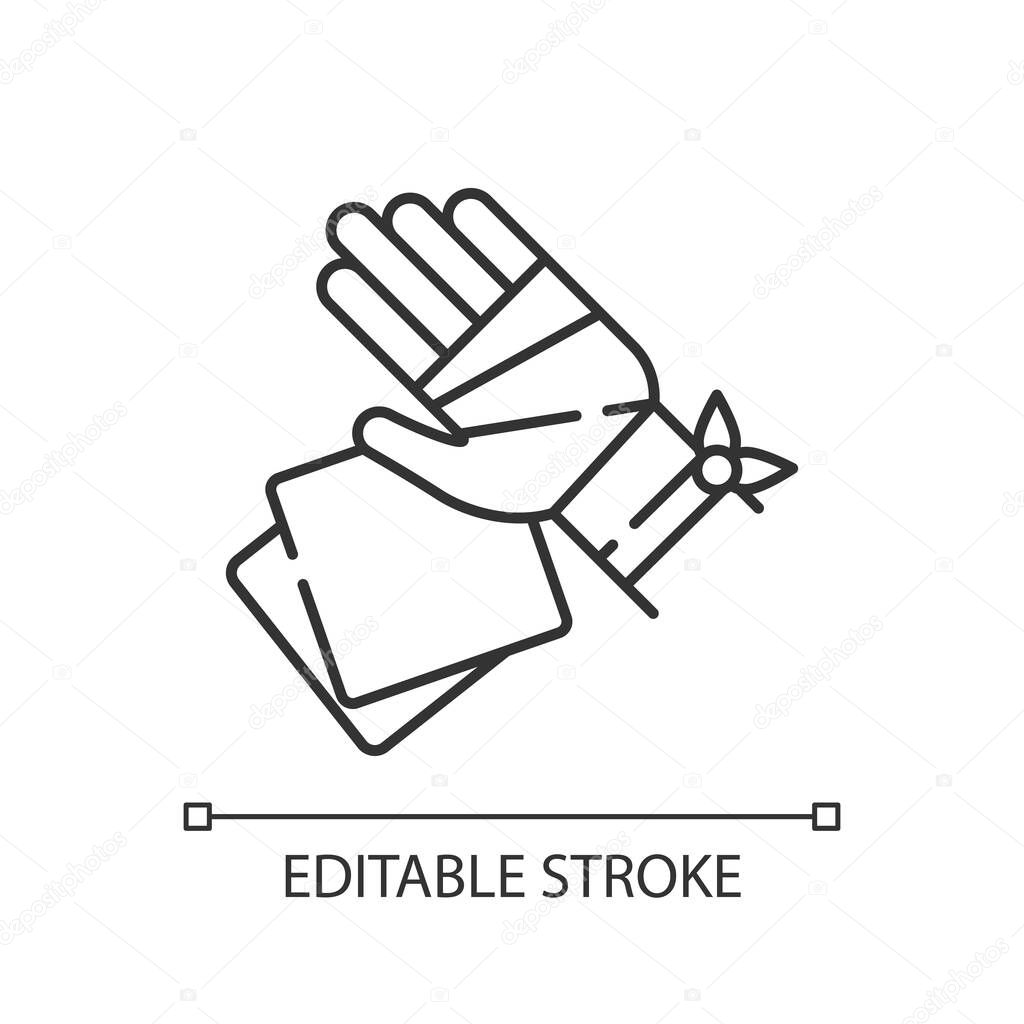 Gauze bandages and pads linear icon. Adhesive wrap for hand injury. Joint trauma aid. Thin line customizable illustration. Contour symbol. Vector isolated outline drawing. Editable stroke