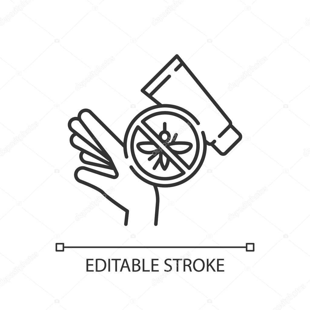 Insect bites cream linear icon. Cure bruise. Remedy lotion for itchy skin. First aid ointment. Thin line customizable illustration. Contour symbol. Vector isolated outline drawing. Editable stroke