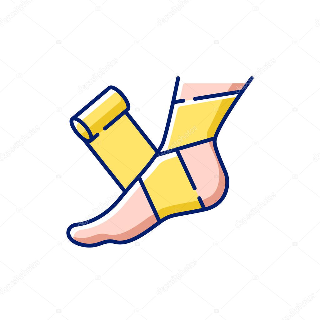 Elastic bandage RGB color icon. Suffer from injury. Hurt foot. Join trauma treatment. Medical equipment to help patient. Damaged leg recovery. Health care. Isolated vector illustration