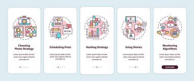 Mobil uygulama sayfa ekranında konseptlerle nanoetkili ipuçları oluşturuluyor. Fotoğraf stratejisi, 5 aşamalı grafik talimatlar. RGB renk resimleriyle UI vektör şablonu