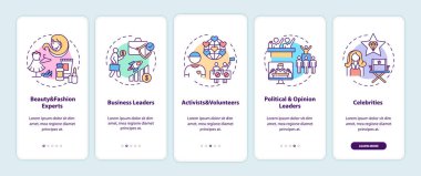 Etkilenenler mobil uygulama sayfa ekranında kavramları olan tipler. Güzellik ve moda uzmanları, gönüllüler 5 aşamalı grafik talimatları gözden geçiriyorlar. RGB renk resimleriyle UI vektör şablonu