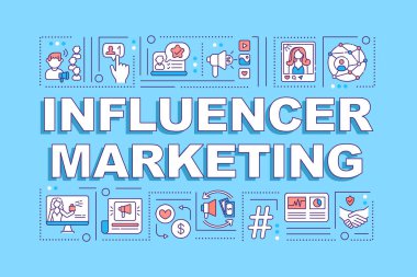 Pazarlamacı sözcüğü etkileyen afiş kavramları. Çevrimiçi iş reklamları. Mavi arkaplanda doğrusal simgeleri olan bilgi grafikleri. İzole tipografi. Vektör çizgisi RGB renk çizimi