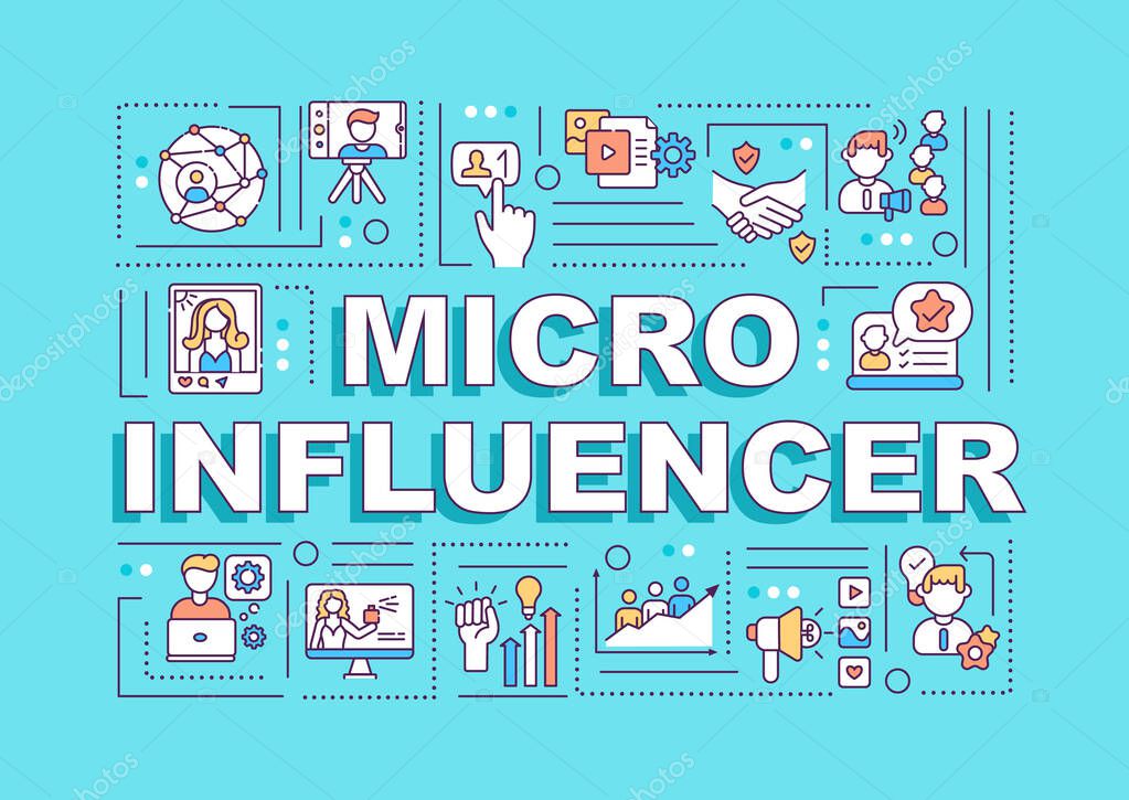 Micro Influencers word concepts banner. Blogging niche. Vloging audience. Infographics with linear icons on cyan background. Isolated typography. Vector outline RGB color illustration