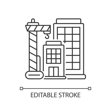 Yeni yapı pikseli mükemmel doğrusal simge. Apartman dairesi. Yükseklik. Modern gökdelen. İnce çizgi özelleştirilebilir illüstrasyon. Contour sembolü. Vektör izole çizim. Düzenlenebilir vuruş