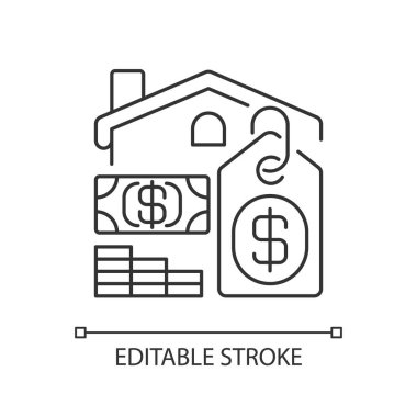 Fiyat pikseli mükemmel doğrusal simge. Ev kredisi. Evi satın almak. Satılık konutlar. İnce çizgi özelleştirilebilir illüstrasyon. Contour sembolü. Vektör izole çizim. Düzenlenebilir vuruş