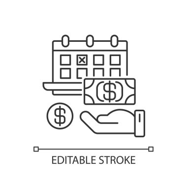 Aylık ödeme piksel mükemmel doğrusal simge. Finansal yatırım. Takvimde borç ödeme zamanı var. İnce çizgi özelleştirilebilir illüstrasyon. Contour sembolü. Vektör izole çizim. Düzenlenebilir vuruş