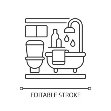 Banyo pikseli mükemmel doğrusal simge. Banyo dairede. Kalacak yer sağanağı. İnce çizgi özelleştirilebilir illüstrasyon. Contour sembolü. Vektör izole çizim. Düzenlenebilir vuruş
