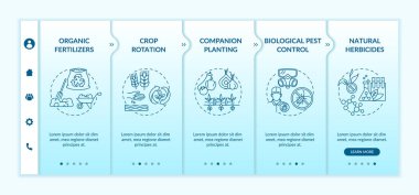 Organik tarım ilkeleri vektör şablonunda. Arkadaş ekimi. Biyolojik haşere kontrolü. Simgeli ilgili mobil web sitesi. Web sayfası basamak ekranları. RGB renk kavramı