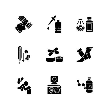 İlk yardım siyah kabartma sembolleri beyaz uzaya yerleştirildi. Yara tedavisi. Hastalık çaresi. Yaralı hasta için tıbbi ekipman. Yaralanma için hastane yardımı. Siluet sembolleri. Vektör izole illüstrasyonu