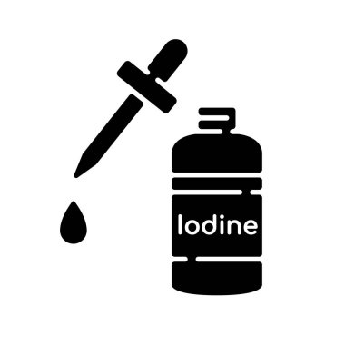 İyot siyah kabartma simgesi. Şişede sıvı temizleyici. Yara için tedavi. İlk yardım malzemesi. Sağlık hizmetleri yaralanma tedavisinde kullanılır. Beyaz uzayda siluet sembolü. Vektör izole illüstrasyonu