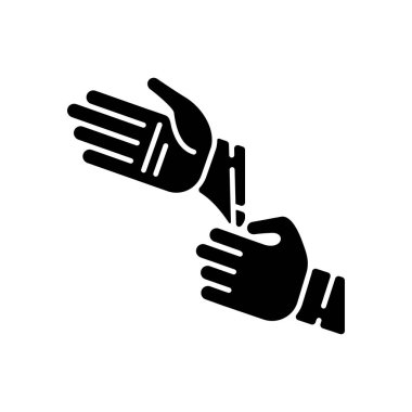 Tek kullanımlık steril eldivenler siyah kabartma simgesi. Ameliyat için hijyenik ekipman. İlk yardım. Laboratuvar için temizlik önlemi. Beyaz uzayda siluet sembolü. Vektör izole illüstrasyonu