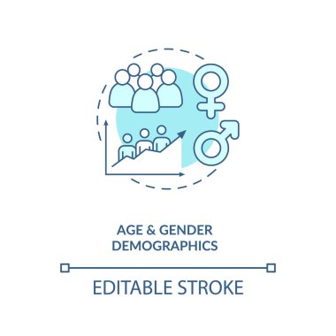 Yaş ve cinsiyet ayrımı konsepti ikonu. Sosyal medya demografisi ince çizgi çizimi fikri. Hedef kitle ağda. Sosyal strateji. Vektör izole edilmiş RGB renk çizimi. Düzenlenebilir vuruş