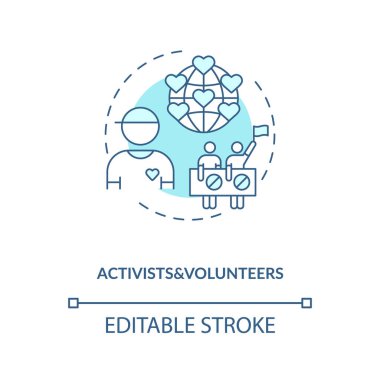 Eylemciler ve gönüllüler konsept simgesi. Etkilenenler ince çizgi çizimleri yazarlar. İnsan hakları. Gelecek nesli değiştirmek ve güçlendirmek. Vektör izole edilmiş RGB renk çizimi. Düzenlenebilir vuruş