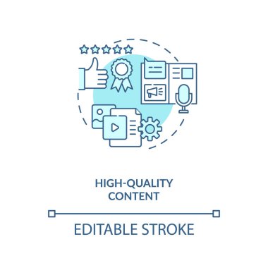 Yüksek kaliteli içerik konsepti simgesi. Etkilendirici pazarlama fayda fikri ince çizgi çizimi. Müşteri merkezli strateji. İkinci içerik. Vektör izole edilmiş RGB renk çizimi. Düzenlenebilir vuruş