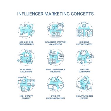 Etkilendirici pazarlama konsepti simgeleri ayarlandı. Etkilendirici kampanya yönetimi fikri ince çizgi RGB renk çizimleri. Marka elçisi. Güzellik uzmanları. Vektör izole çizimler. Düzenlenebilir vuruş