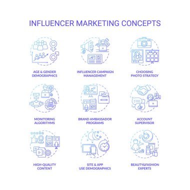 Etkilendirici pazarlama konsepti simgeleri ayarlandı. Kampanya yönetimi fikri ince çizgi RGB renk çizimleri. Yüksek kalite içerik. Algoritma izleniyor. Hesap danışmanı. Vektör izole çizimleri