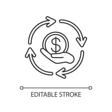 Finansal sinerji doğrusal simgesi. Hizmet maliyeti. Paranın iadesi. Para transferi. Döviz bürosu. İnce çizgi özelleştirilebilir illüstrasyon. Contour sembolü. Vektör izole çizim. Düzenlenebilir vuruş