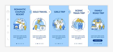 Kış kaçış planları vektör şablonunda. Romantik çiftler tatil köyü. Kız arkadaş gezisi. Aile gezisi. Simgeli ilgili mobil web sitesi. Web sayfası basamak ekranları. RGB renk kavramı