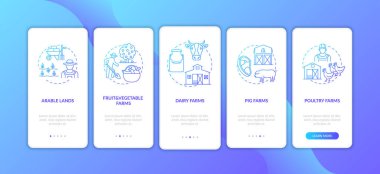 Mobil uygulama sayfa ekranında konseptli tarım üretimi türleri. Farklı çiftlik tipleri 5 aşamalı grafik talimatları gözden geçirir. RGB renk resimleriyle UI vektör şablonu