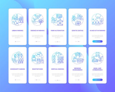 Çiftlik üretimi mobil uygulama sayfası ekranında konseptler hazır. Genetik kurgu. Büyüyen mikroyeşillikler 10 adımlık grafik talimatları inceliyor. RGB renk resimleriyle UI vektör şablonu