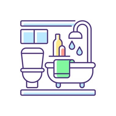 Banyo RGB renk simgesi. Banyo dairede. Kalacak yer sağanağı. Evde lavabo var. Evdeki tuvalet. Modern iç mekan. Mobilyalı oda. Gayrimenkul. İzole vektör illüstrasyonu