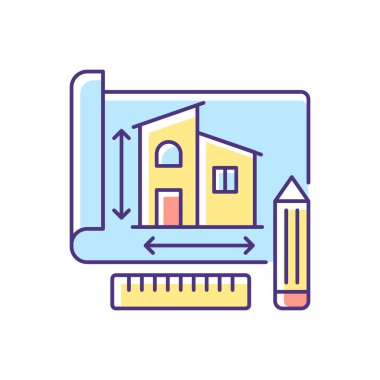 Bina planı RGB renk simgesi. Ev için mühendislik taslağı. Daire yapısı kağıda çizilmiş. Evin planına bak. Mimar konaklama çizimi. İzole vektör illüstrasyonu