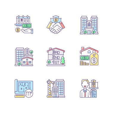Emlak RGB renk simgeleri ayarlandı. Emlak tipleri. İş anlaşması. Ev kredisi. Satılık ev. Çok katlı bir bina. Emlakçı. Aylık kira ödemesi. İzole vektör çizimleri