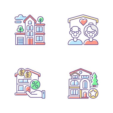 RGB renk simgeleri oluşturuluyor. Konut mülkü. Yeni bir ev. Yaşlılar için bakımevi. Ev almak için ipotek. Lüks malikâne. Pahalı bir villa. İzole vektör çizimleri