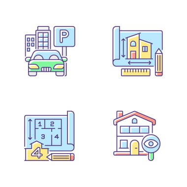 Ev yapısı RGB renk simgeleri ayarlandı. Otoparkta. İnşaat için mühendislik planı. Oda sayısı. Ev turu. Mimari planlar. Teknik daire planı. İzole vektör çizimleri