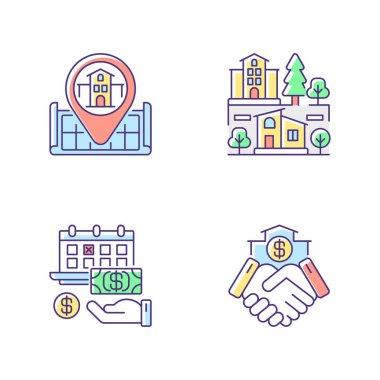 Gayri menkul RGB renk simgeleri için ticari anlaşma. Gayrimenkul. Haritadaki ev. Ev pozisyonu. Banliyö mahallesi. Aylık kira ödemesi. İş anlaşması. İzole vektör çizimleri