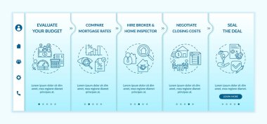 İlk defa eve dönüş için vektör şablonu alıyorum. İpotek oranlarını karşılaştırın. Kapanış maliyetlerini görüşün. Simgeli ilgili mobil web sitesi. Web sayfası basamak ekranları. RGB renk kavramı