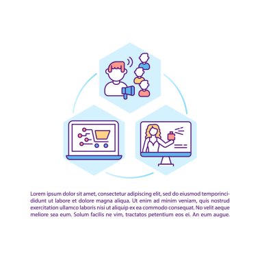 Metin ile pazarlama konsepti ikonu üzerinde etkili. Çevrimiçi iş tanıtım kampanyası. Reklam fikri. PPT sayfa vektör şablonu. Broşür, dergi, kitapçık tasarım ögesi doğrusal çizimler