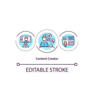 İçerik yaratan konsept simgesi. Reklam yaratımı. Blogcu tanıtımı. Etkilendirici pazarlama fikri ince çizgi çizimi. Vektör izole edilmiş RGB renk çizimi. Düzenlenebilir vuruş