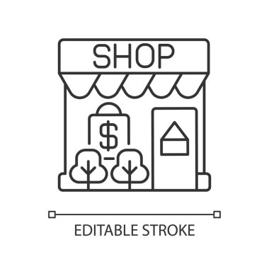 Doğrusal simgeyi perakende at. Dükkan. Küçük bir iş. Toptan satış. Pazarlama stratejisi. Mal satıyorum. İnce çizgi özelleştirilebilir illüstrasyon. Contour sembolü. Vektör izole çizim. Düzenlenebilir vuruş