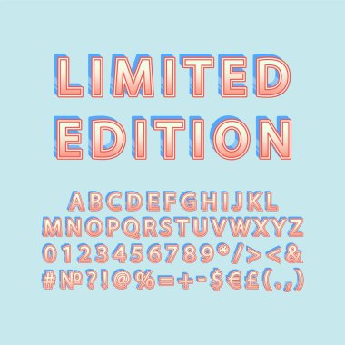 Sınırlı sayıda basılan vintage 3d vektör alfabesi seti. Retro kalın yazı tipi, yazı tipi. Pop sanatının stilize harfleri. Eski usul harfler, sayılar, semboller. 90 'lar, 80' ler yaratıcı yazı tipi tasarım şablonu