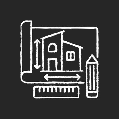 Siyah arkaplanda beyaz tebeşir simgesi oluşturma planı. Ev için mühendislik taslağı. Daire yapısı kağıda çizilmiş. Evin planına bak. İzole edilmiş vektör karatahta çizimi