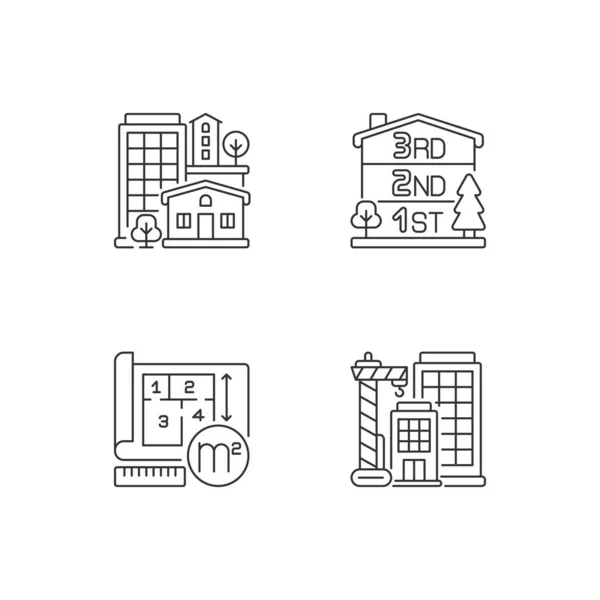 Case Residenziali Pixel Perfetto Set Icone Lineari Numero Piani Edificio — Vettoriale Stock